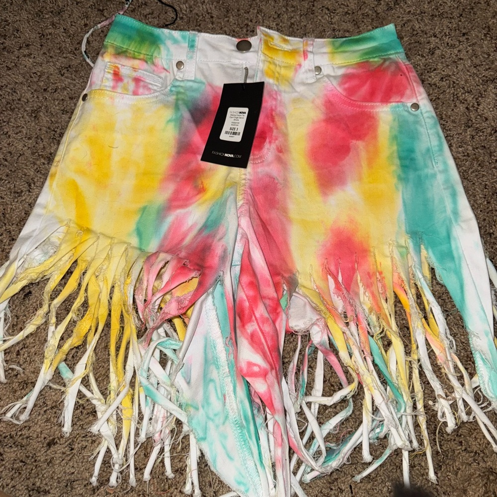 Fashion Nova Tie-Dye Fringe Jean Shorts
